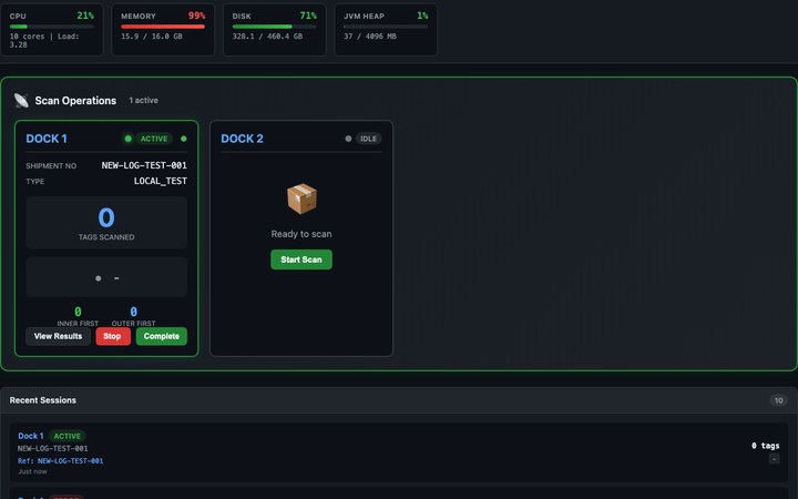 Stocktake console showing live scan stations, tag counts and recent sessions