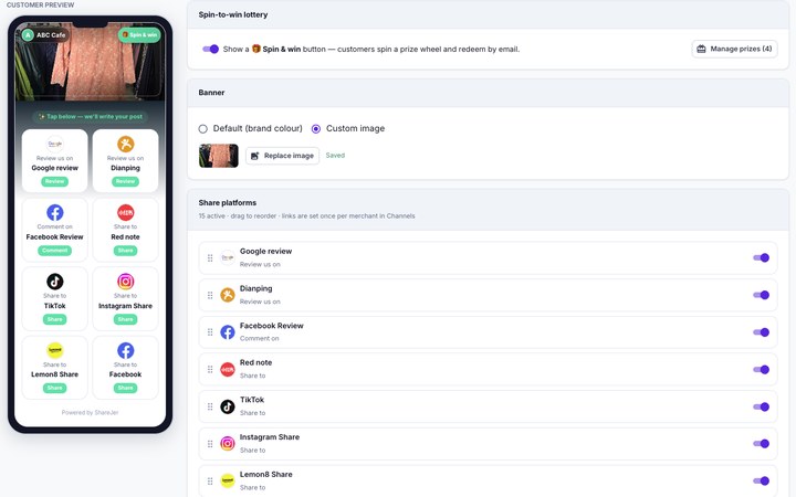 Share page builder with a live customer preview and per-platform toggles