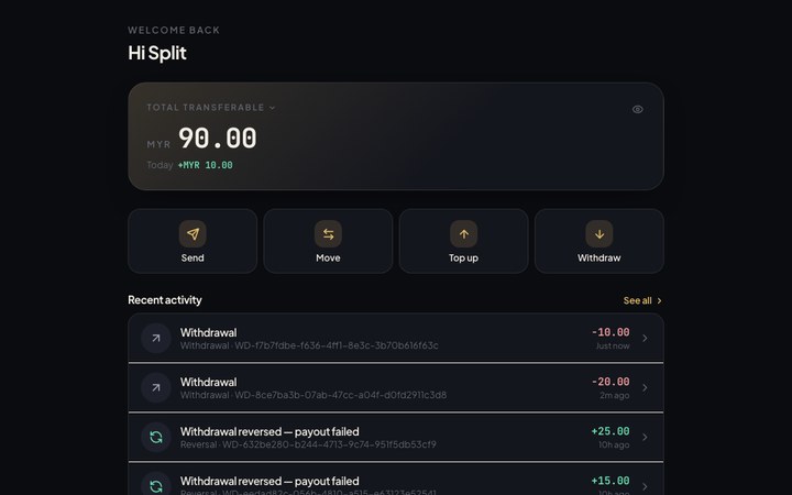 Wallet app home screen showing balance, transfer actions and recent activity